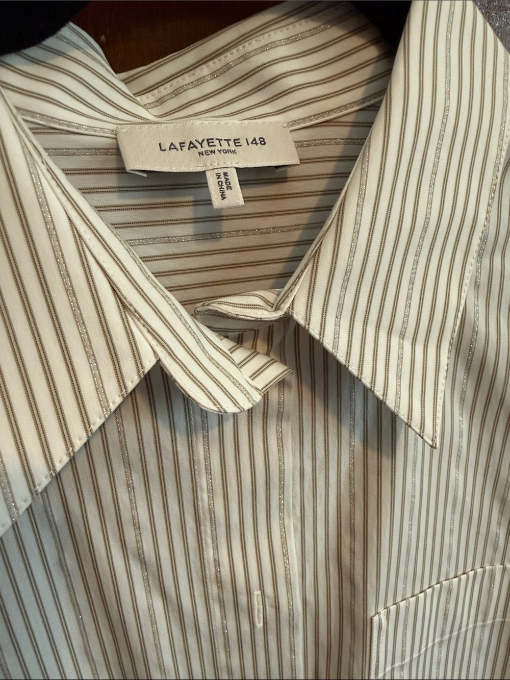Lafayette 148 New York “Helen” White Button-Down Shirt with Gray Pinstripes - Picture 5 of 6